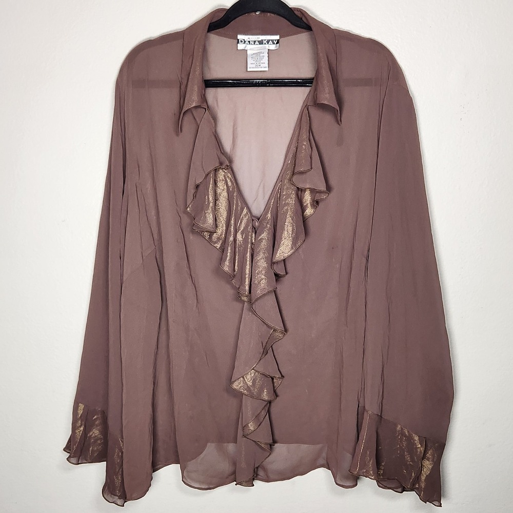 Vintage Dana Kay Womens 30W Brown Sheer Ruffle Button Front Blouse Y2k Fairycore